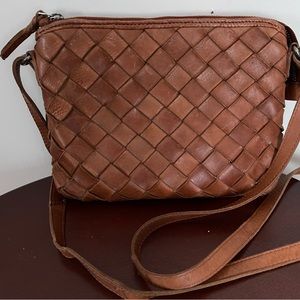 Vilenca Holland Woven Leather Crossbody Zip Top Cognac with Outside Zip Pocket